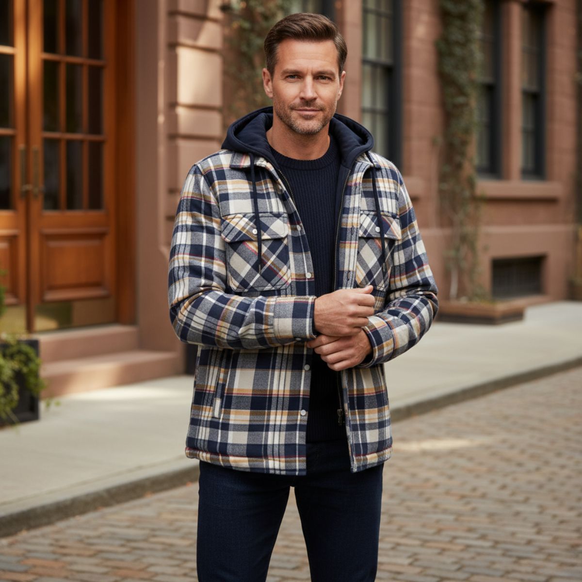The Cinque Terre Veste d'hiver décontractée à carreaux avec doublure en polaire et capuche pour homme
