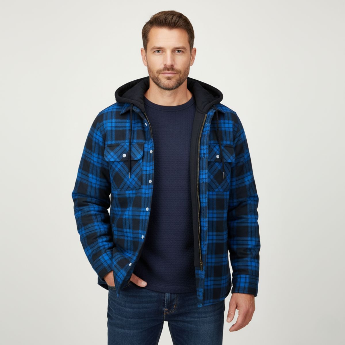 The Cinque Terre Veste d'hiver décontractée à carreaux avec doublure en polaire et capuche pour homme