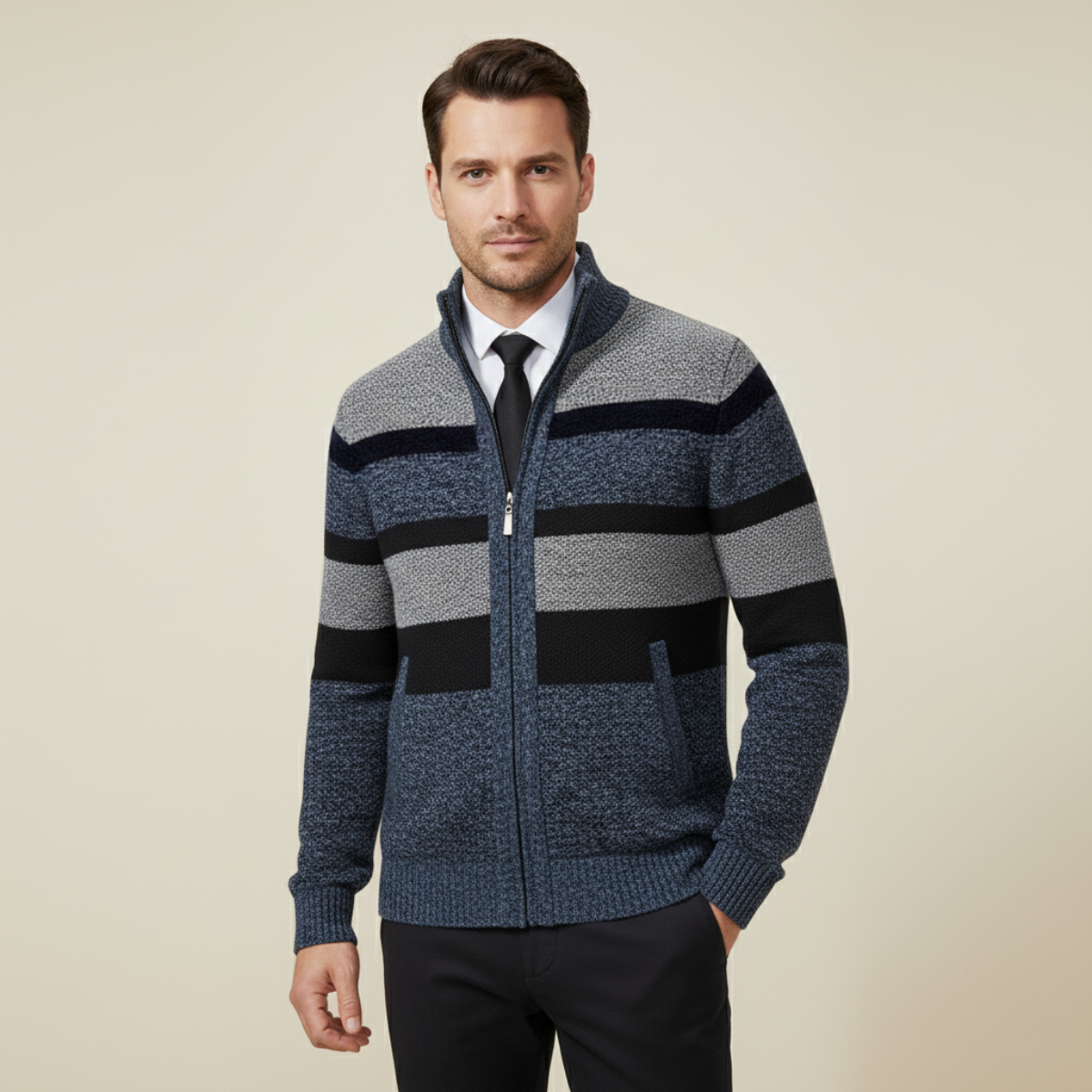 The Desenzano – Cardigan Tricotée Zippée à Rayures Homme