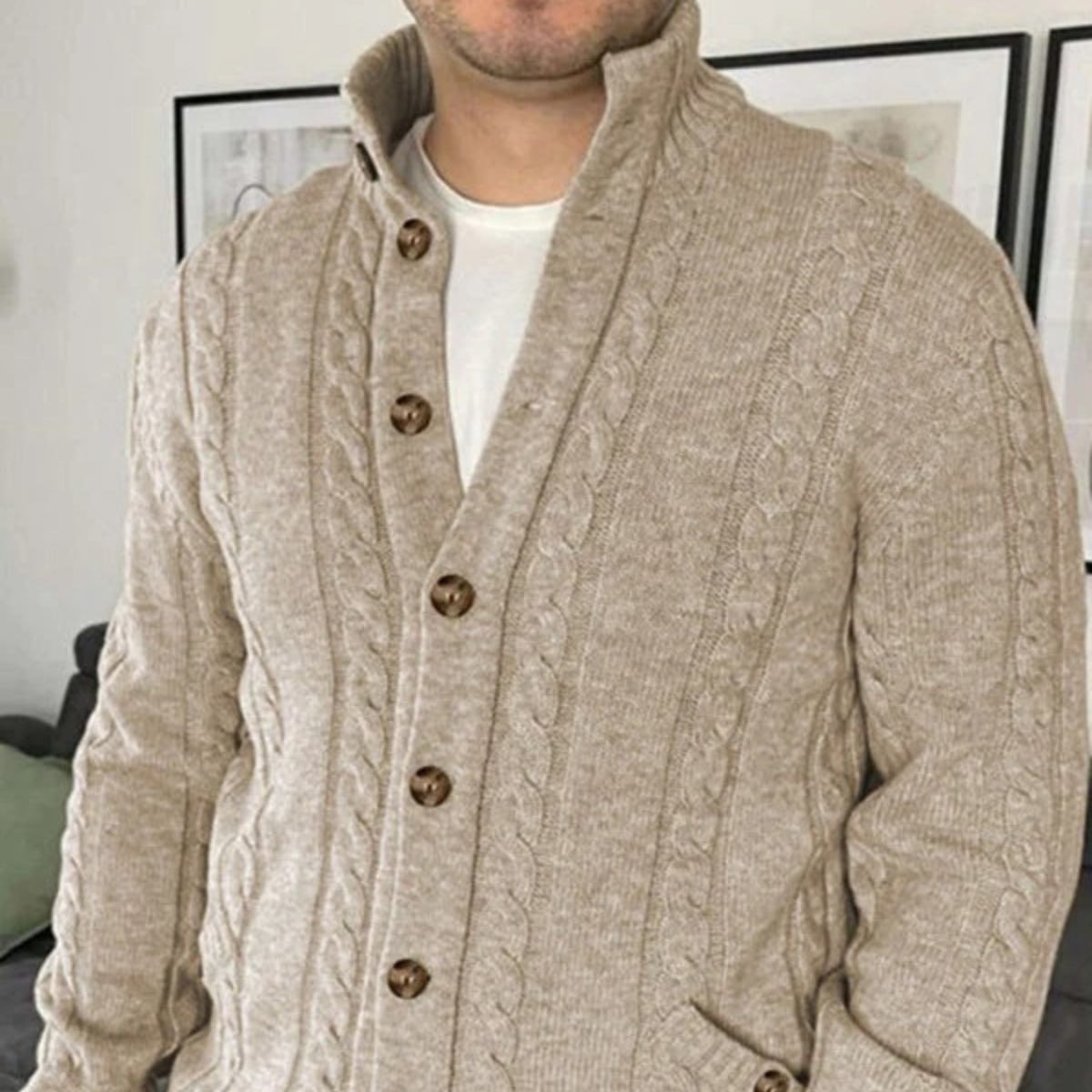 The Carlton - Cardigan en Laine Mérinos Beige à Câbles pour Hommes