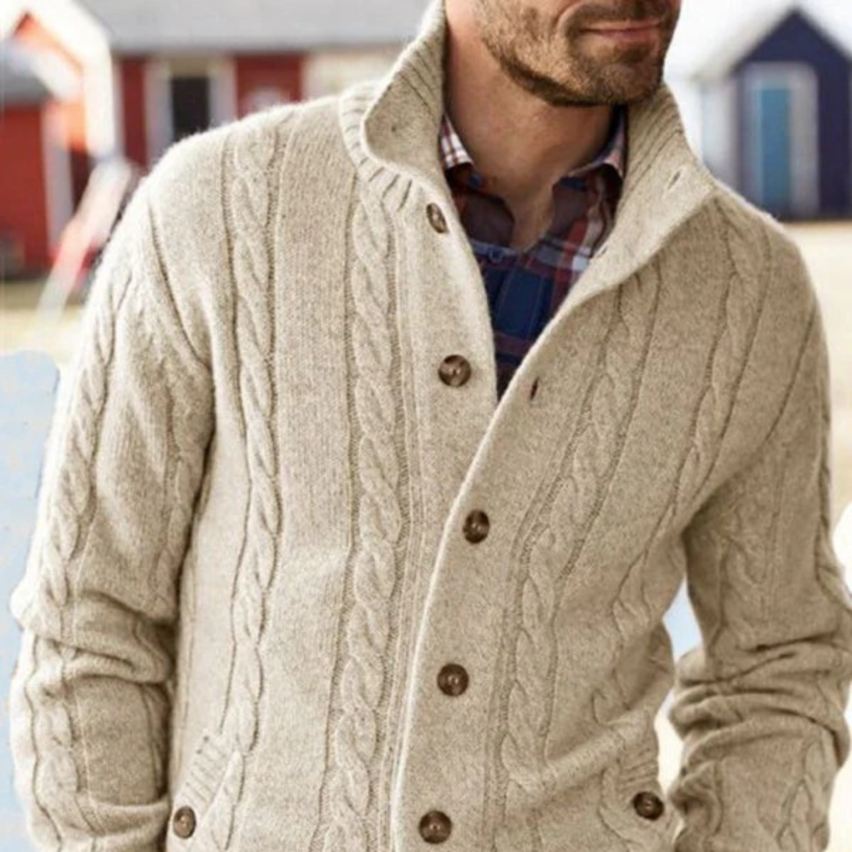 The Carlton - Cardigan en Laine Mérinos Beige à Câbles pour Hommes