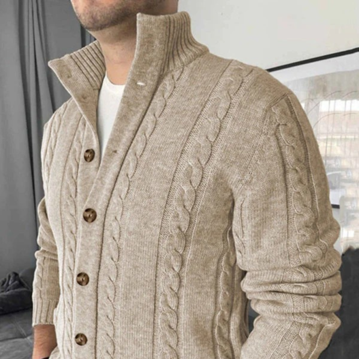 The Carlton - Cardigan en Laine Mérinos Beige à Câbles pour Hommes