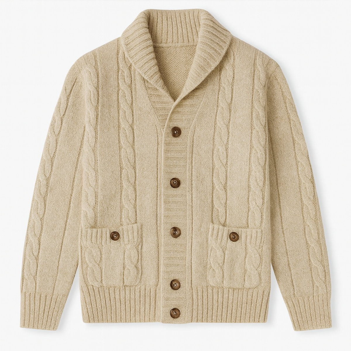 The Carlton - Cardigan en Laine Mérinos Beige à Câbles pour Hommes