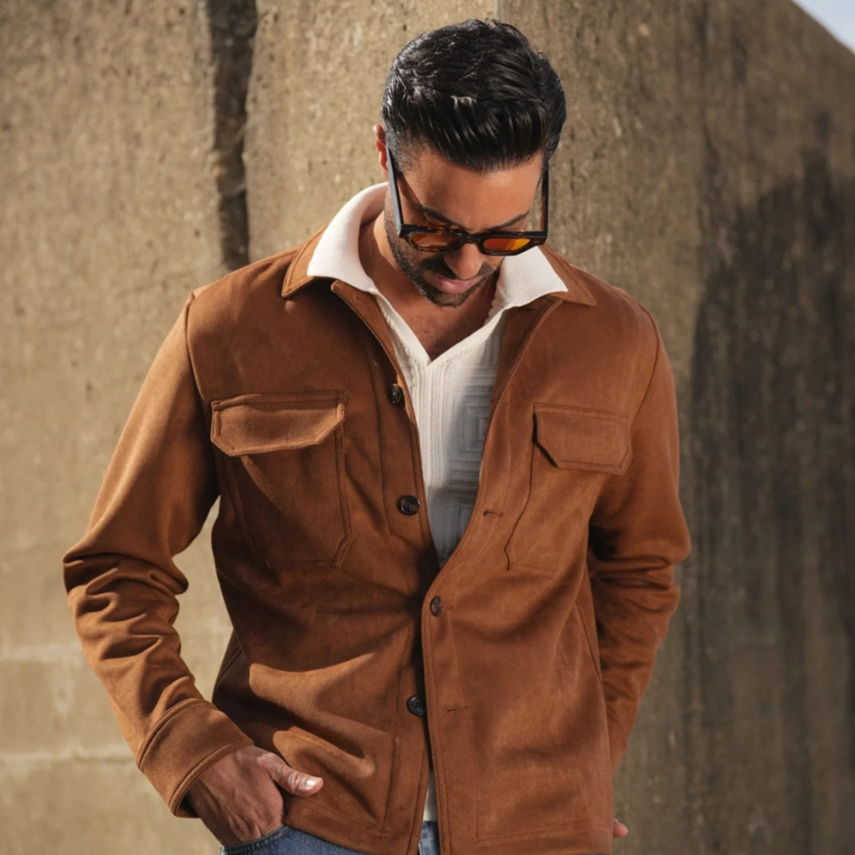 The Hyatt Surchemise en daim camel pour homme - Veste slim fit de luxe avec poches
