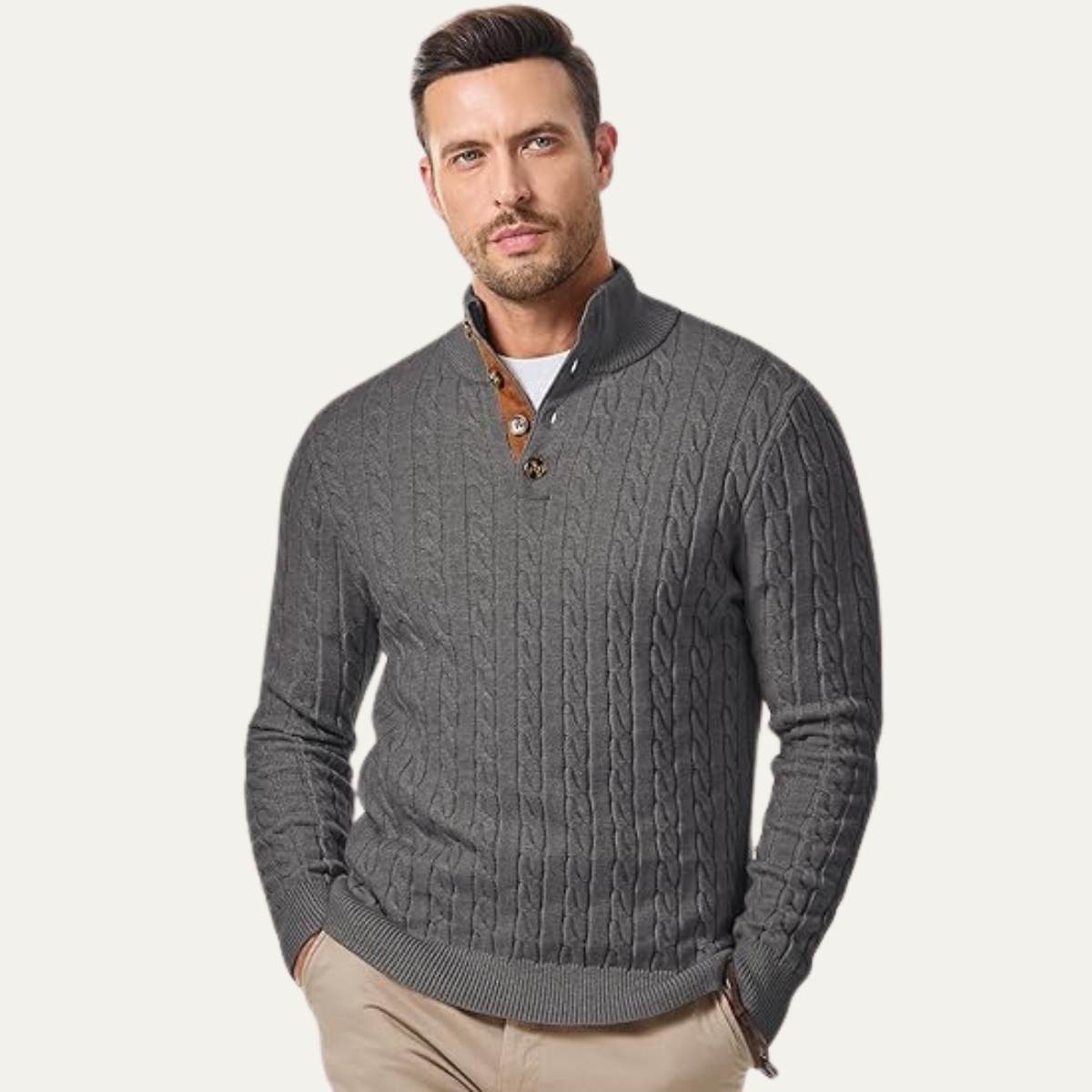 The Stamford – Pull homme col montant en maille torsadée