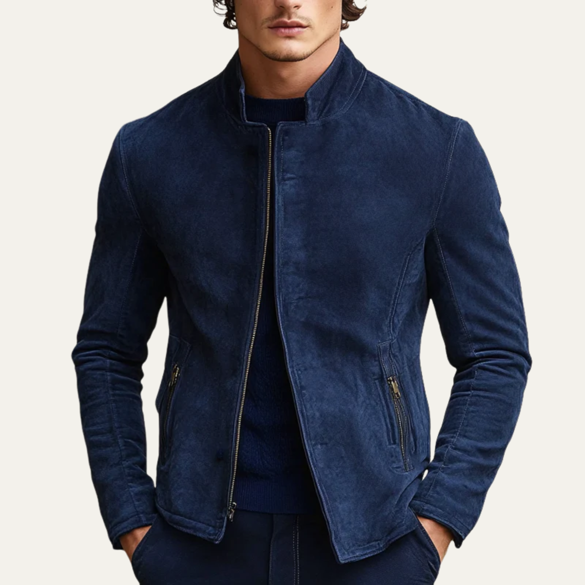 The Ritz Veste en daim bleu marine pour homme – Blouson bomber de luxe à coupe ajustée avec col montant