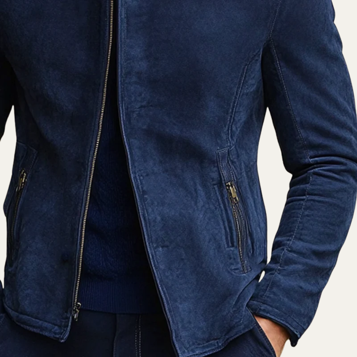 The Ritz Veste en daim bleu marine pour homme – Blouson bomber de luxe à coupe ajustée avec col montant