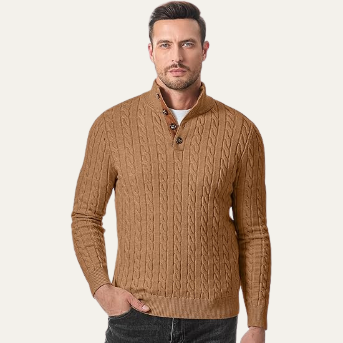 The Stamford – Pull homme col montant en maille torsadée
