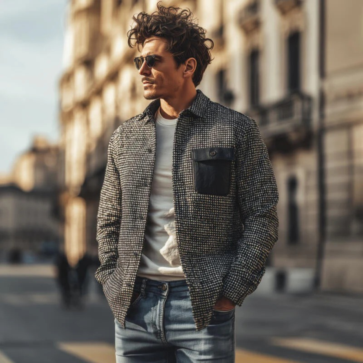 The Pied de Poule Veste vintage à motif pied-de-poule – Surchemise d’hiver noire de luxe pour homme