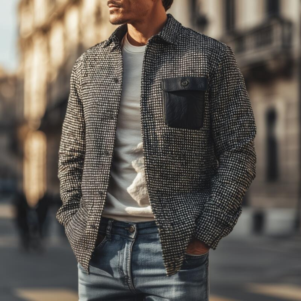 The Pied de Poule Veste vintage à motif pied-de-poule – Surchemise d’hiver noire de luxe pour homme