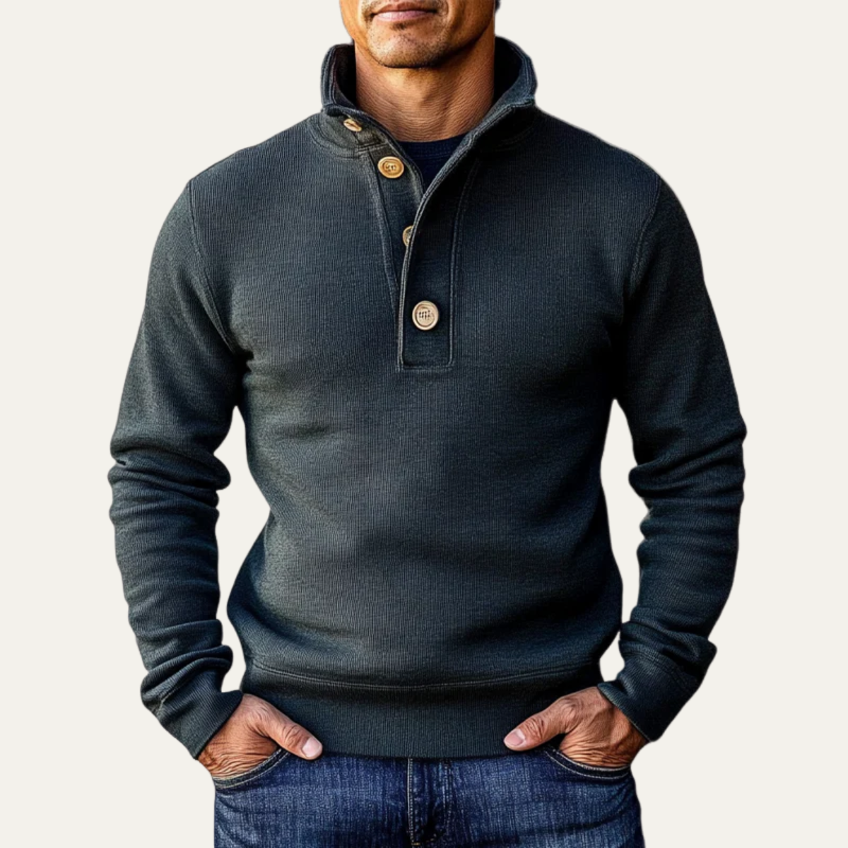 The Waldorf - Pull-over en tricot à col boutonné de luxe pour homme - Gris