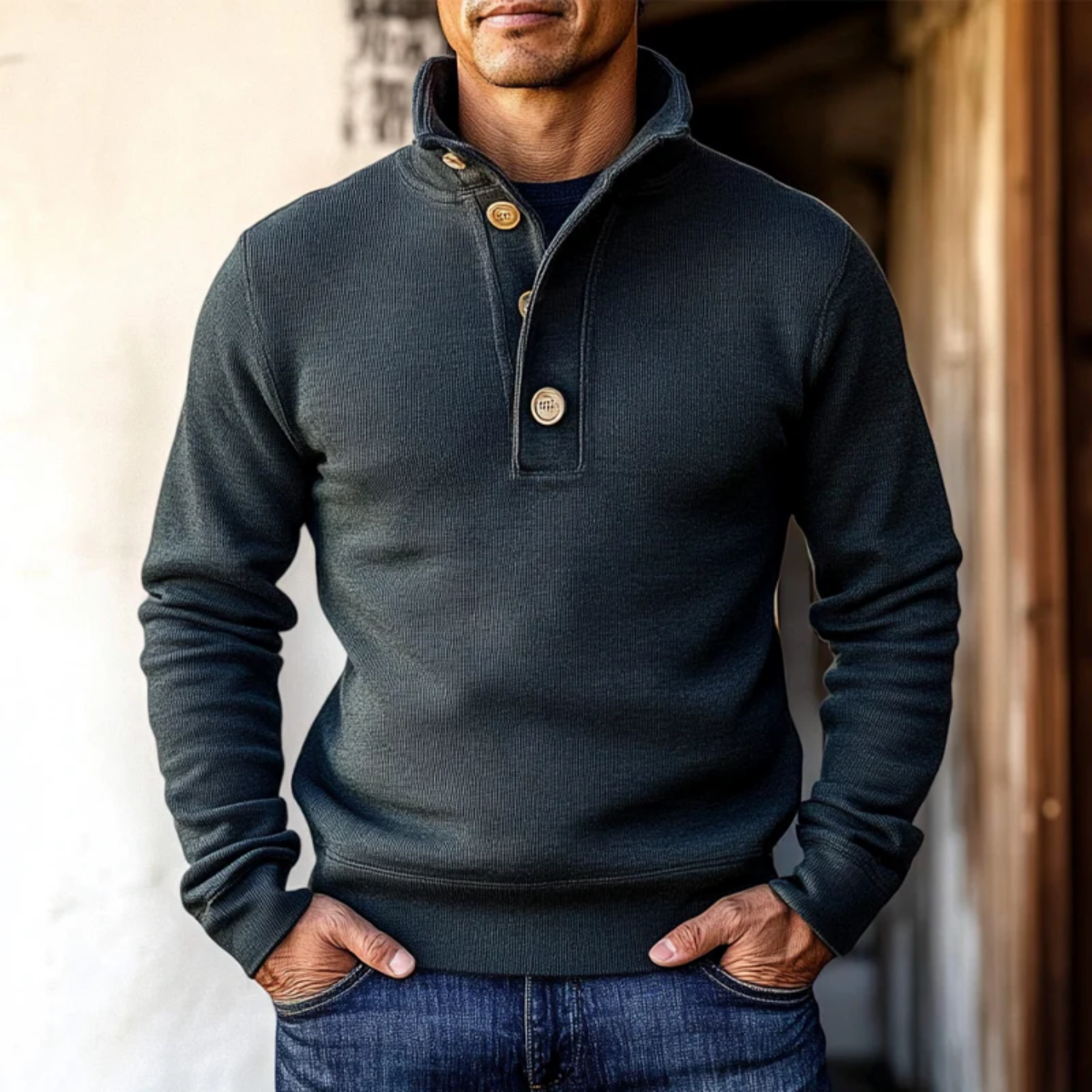 The Waldorf - Pull-over en tricot à col boutonné de luxe pour homme - Gris