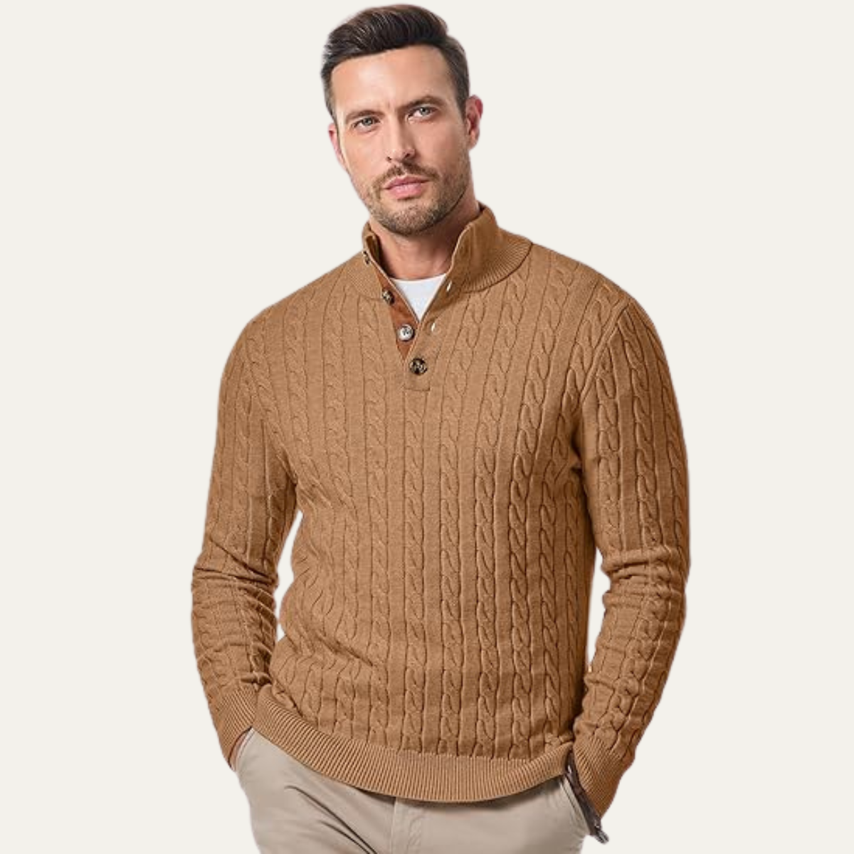The Stamford – Pull homme col montant en maille torsadée