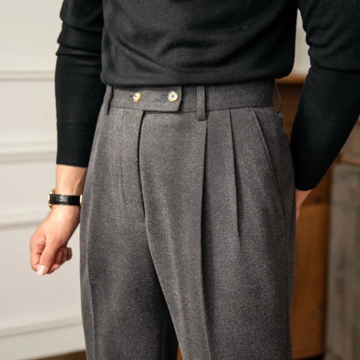 The Lakeshore - Pantalon habillé ajusté en laine à taille haute pour hommes