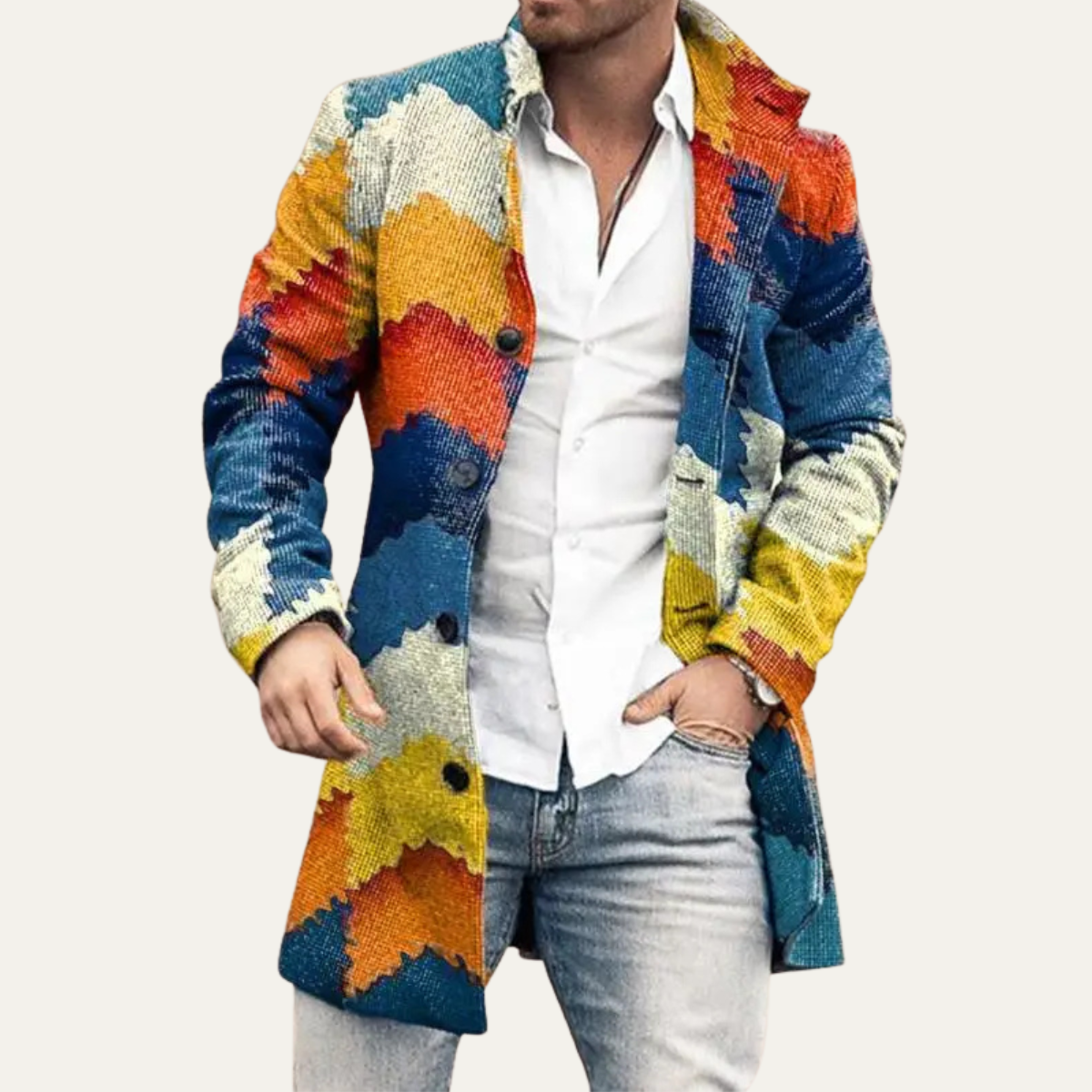 The Glenhaven - Veste longue géométrique colorée pour homme avec poches