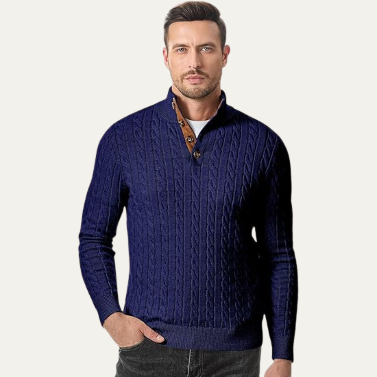 The Stamford – Pull homme col montant en maille torsadée