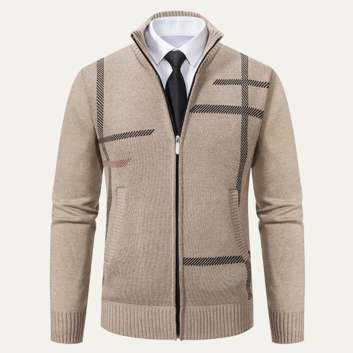 The Ashglen – Cardigan Zippé Col Montant Motif Carreau pour Homme