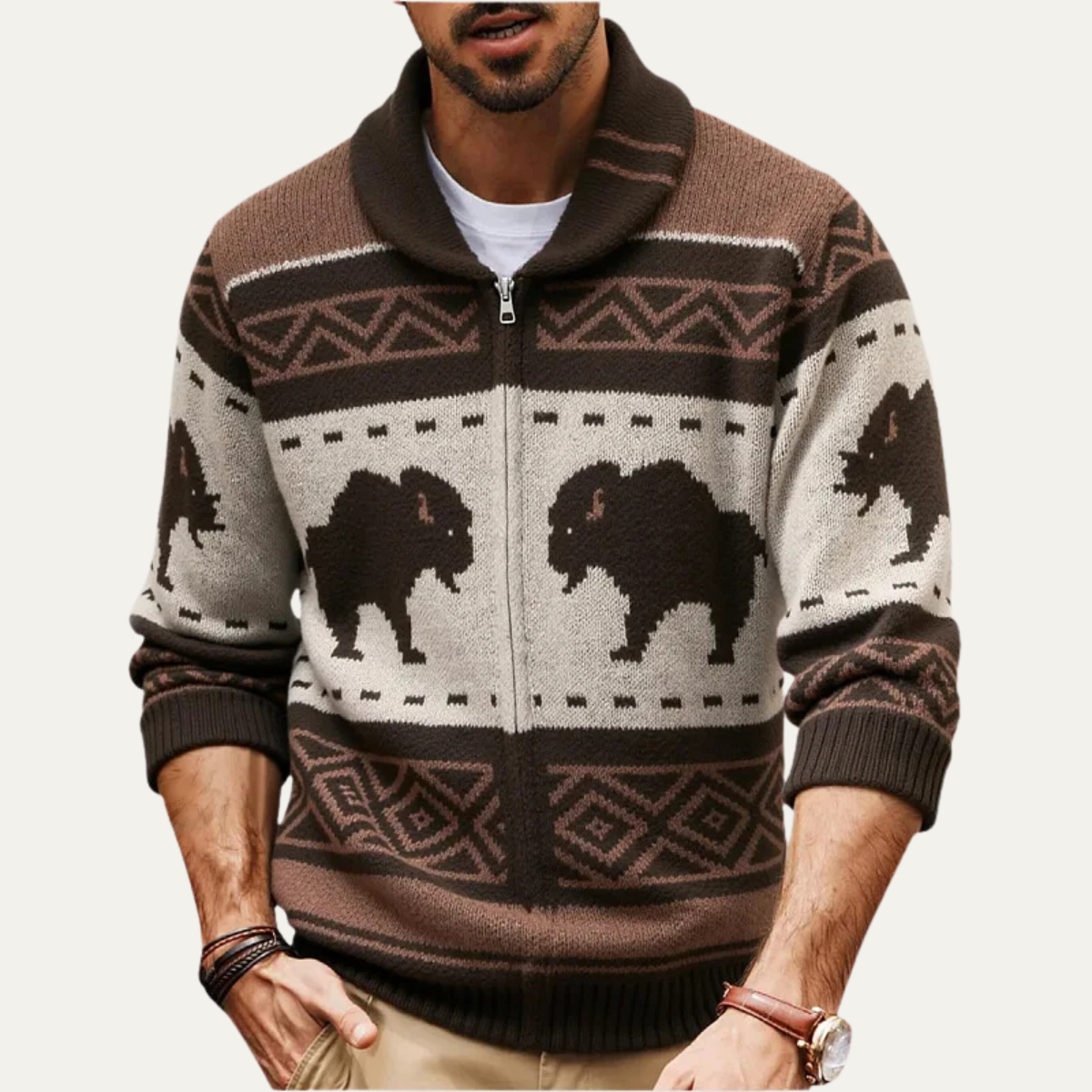 The St Andrews - Cardigan d'Hiver Rétro à Motif Buffalo pour Hommes