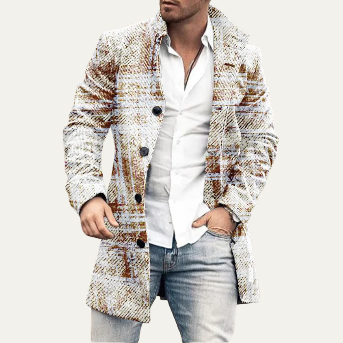 The Glenhaven - Veste longue géométrique colorée pour homme avec poches