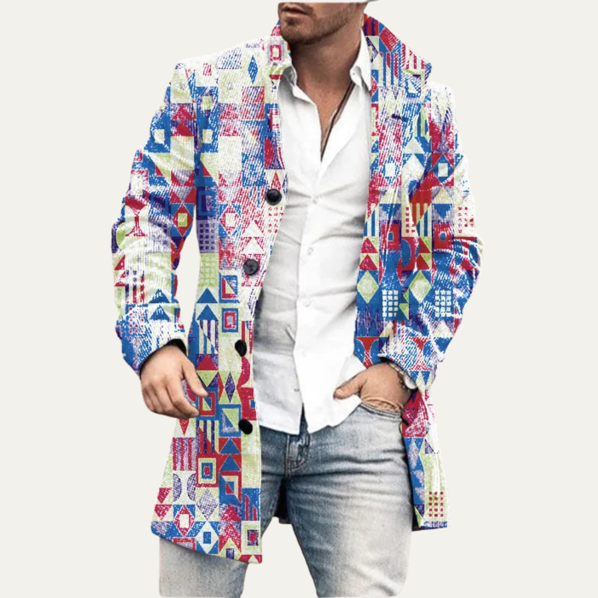 The Glenhaven - Veste longue géométrique colorée pour homme avec poches