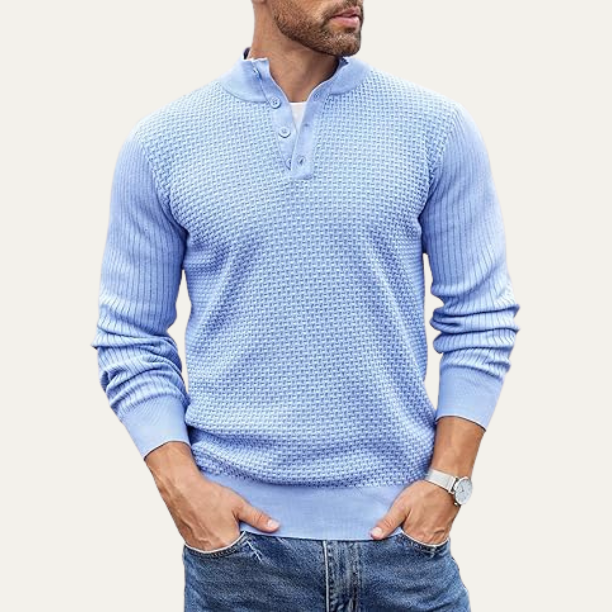 The Portofino - Pull Henley texturé en maille décontracté pour homme