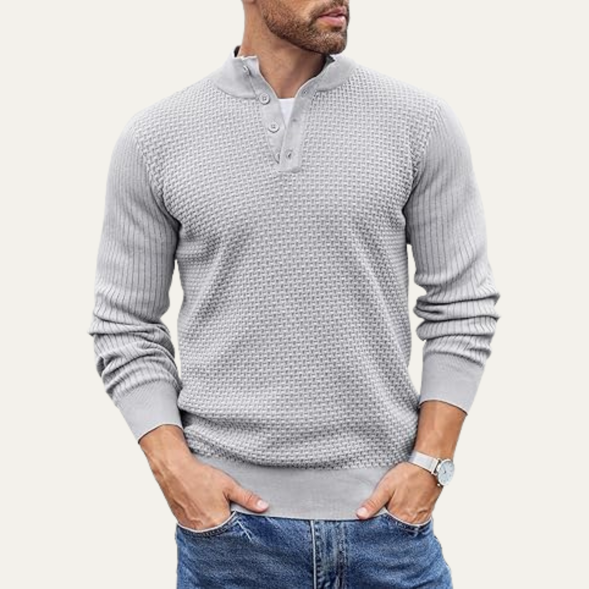 The Portofino - Pull Henley texturé en maille décontracté pour homme