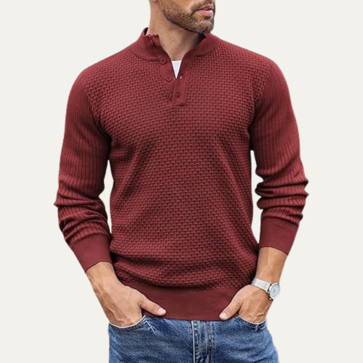 The Portofino - Pull Henley texturé en maille décontracté pour homme