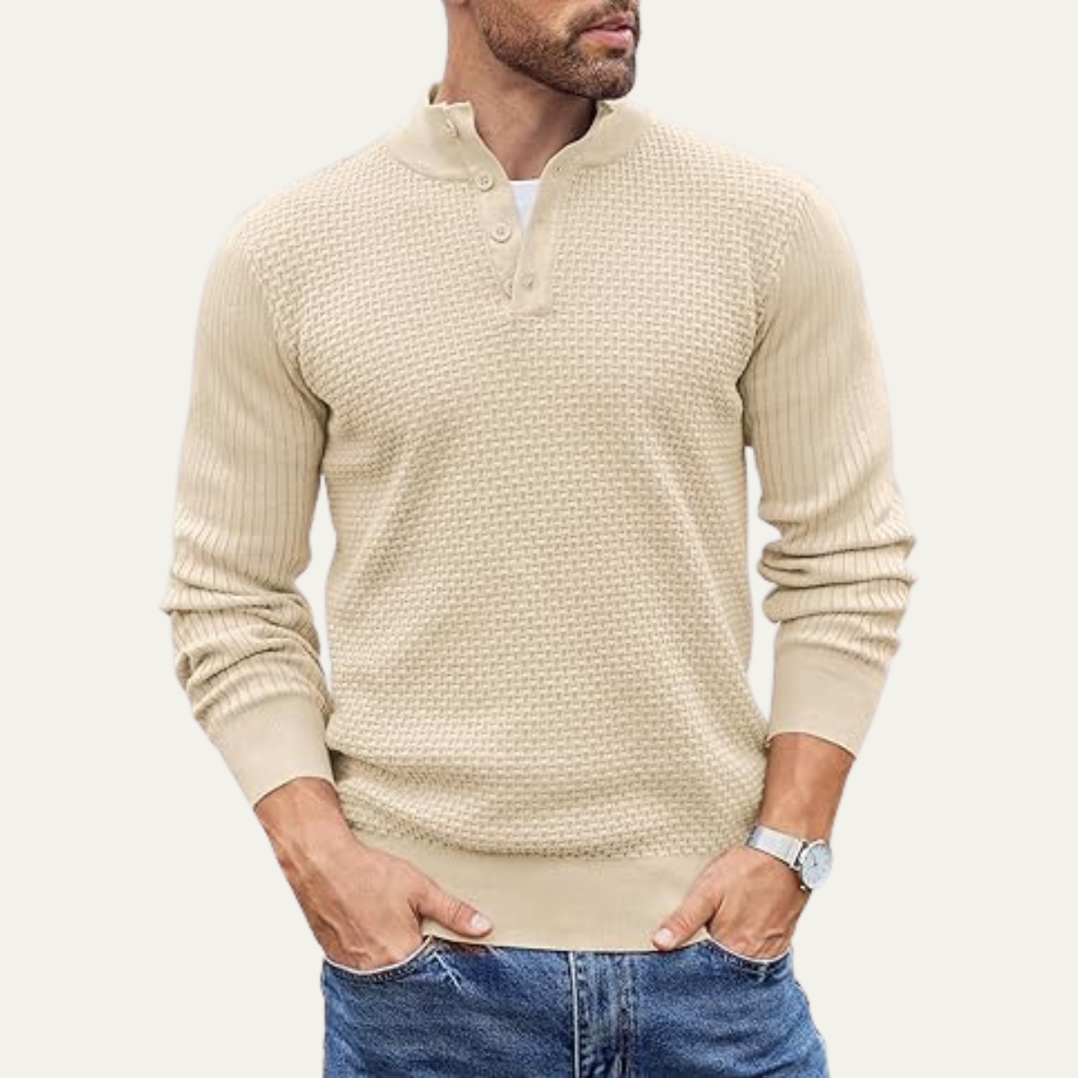 The Portofino - Pull Henley texturé en maille décontracté pour homme
