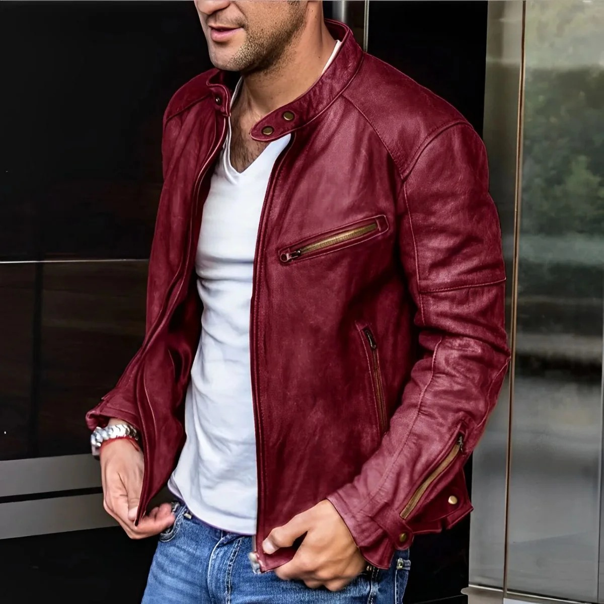 The Malmesbury Veste de motard classique en cuir pour homme