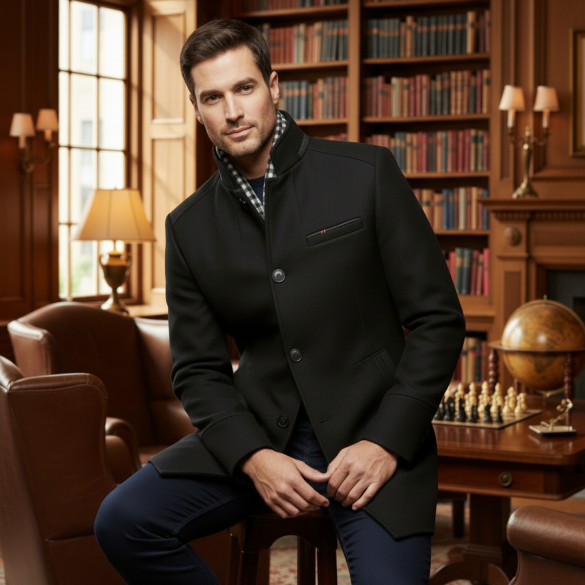 The Blenheim - Trench-coat en laine chic et décontracté pour homme avec col montant