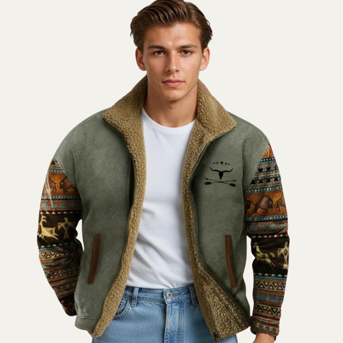 The Maddison - Manteau d'hiver vintage pour homme avec doublure en sherpa et manches à motifs