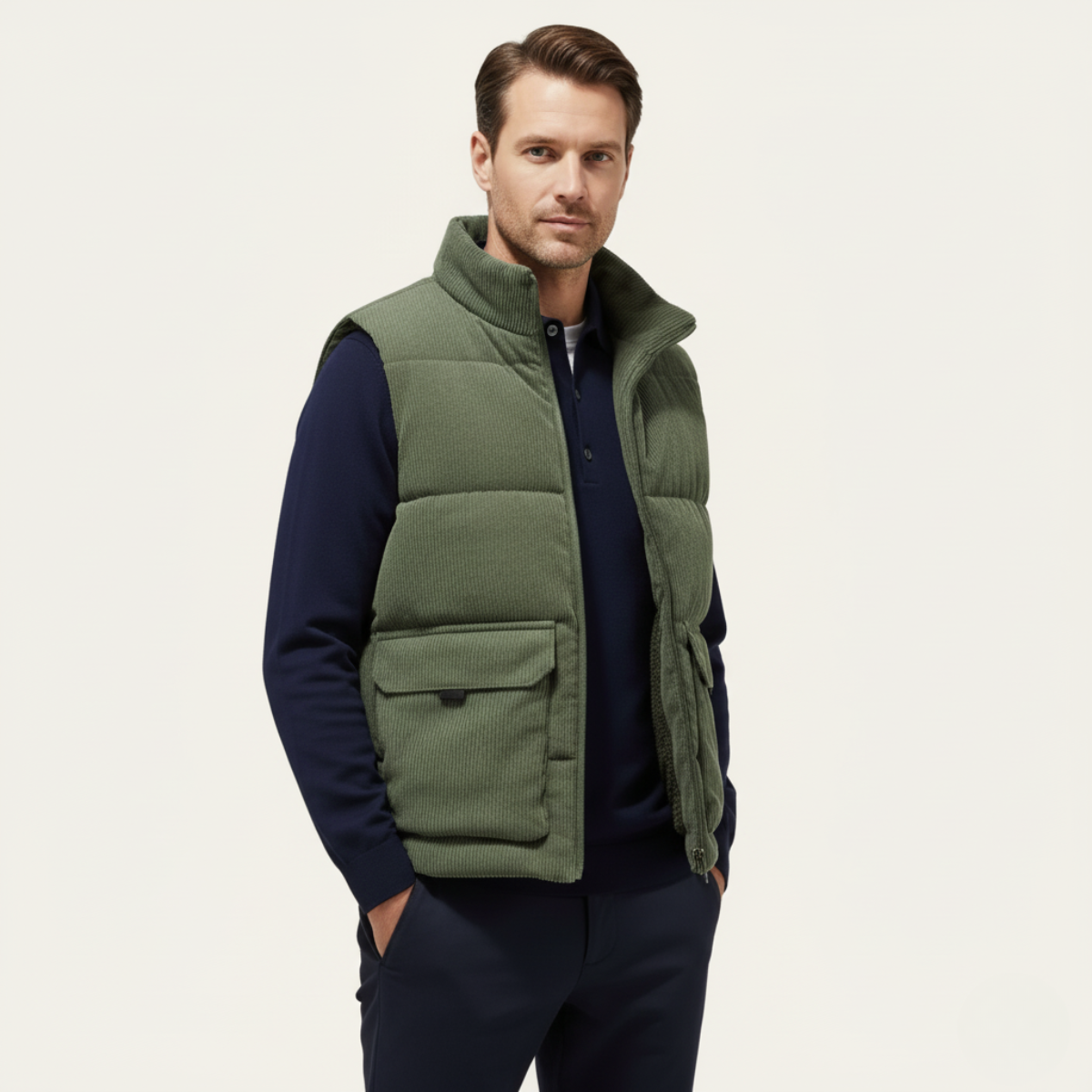 The Penzance – Gilet Doudoune Homme Sans Manches Velours Côtelé Poches Cargo
