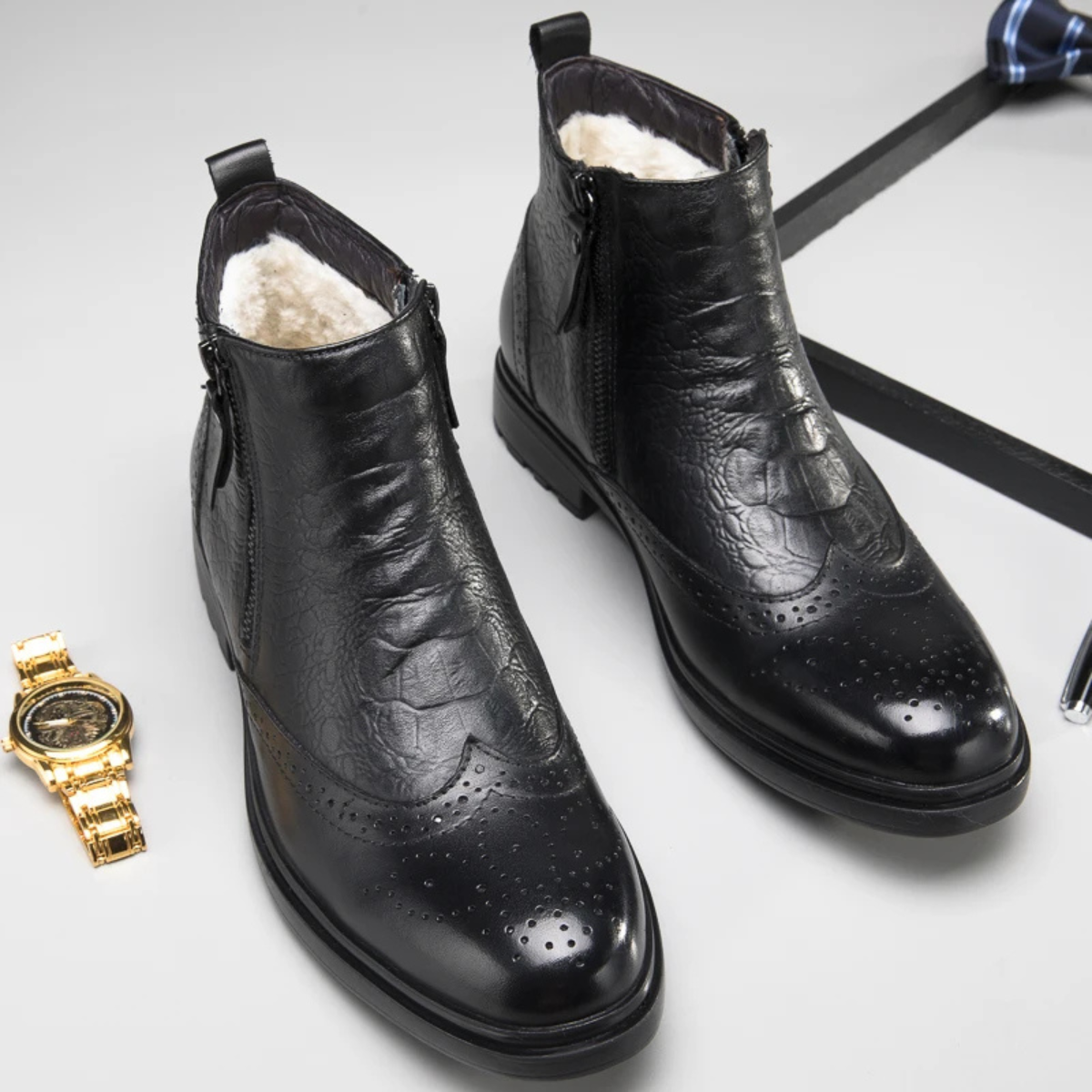 The Westminster Bottines d’Hiver en Cuir avec Doublure Peluche et Fermeture Éclair pour Homme