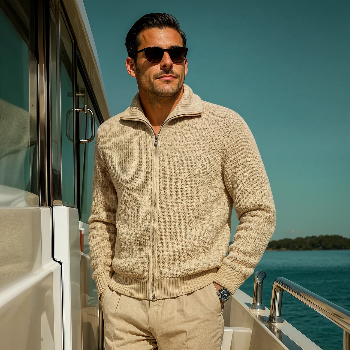 The Lisbon - Cardigan en laine mérinos tricotée pour homme – Beige