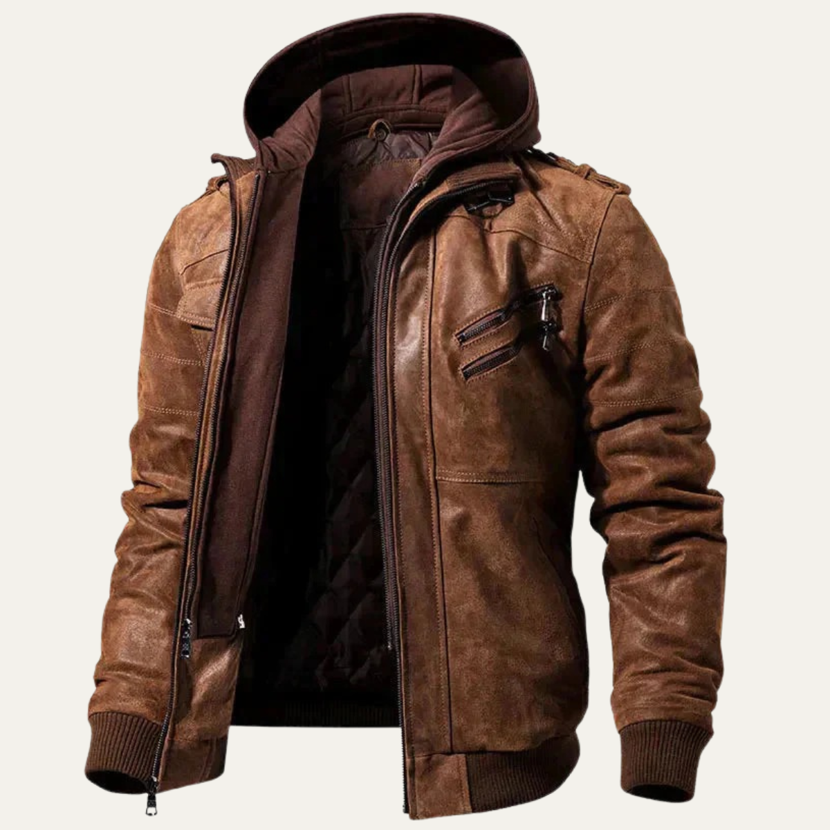 The Cardiff - Veste en Cuir Biker à Capuche pour Homme