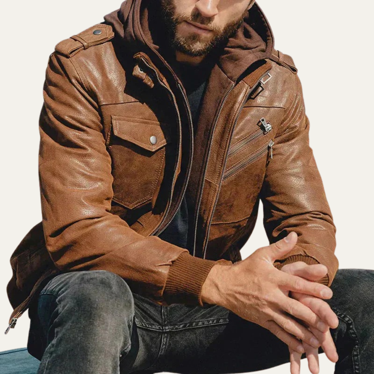 The Cardiff - Veste en Cuir Biker à Capuche pour Homme