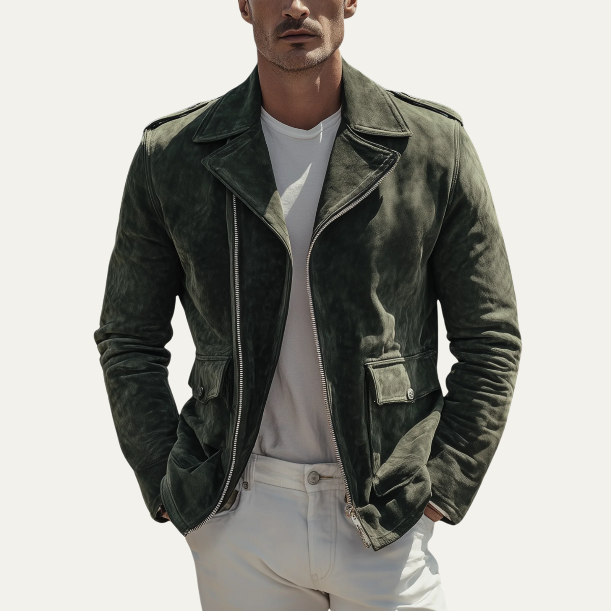 The Regent Veste de motard vintage en daim olive pour homme