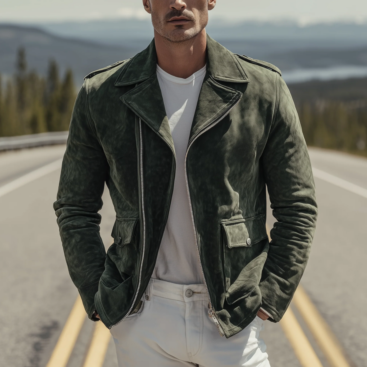 The Regent Veste de motard vintage en daim olive pour homme