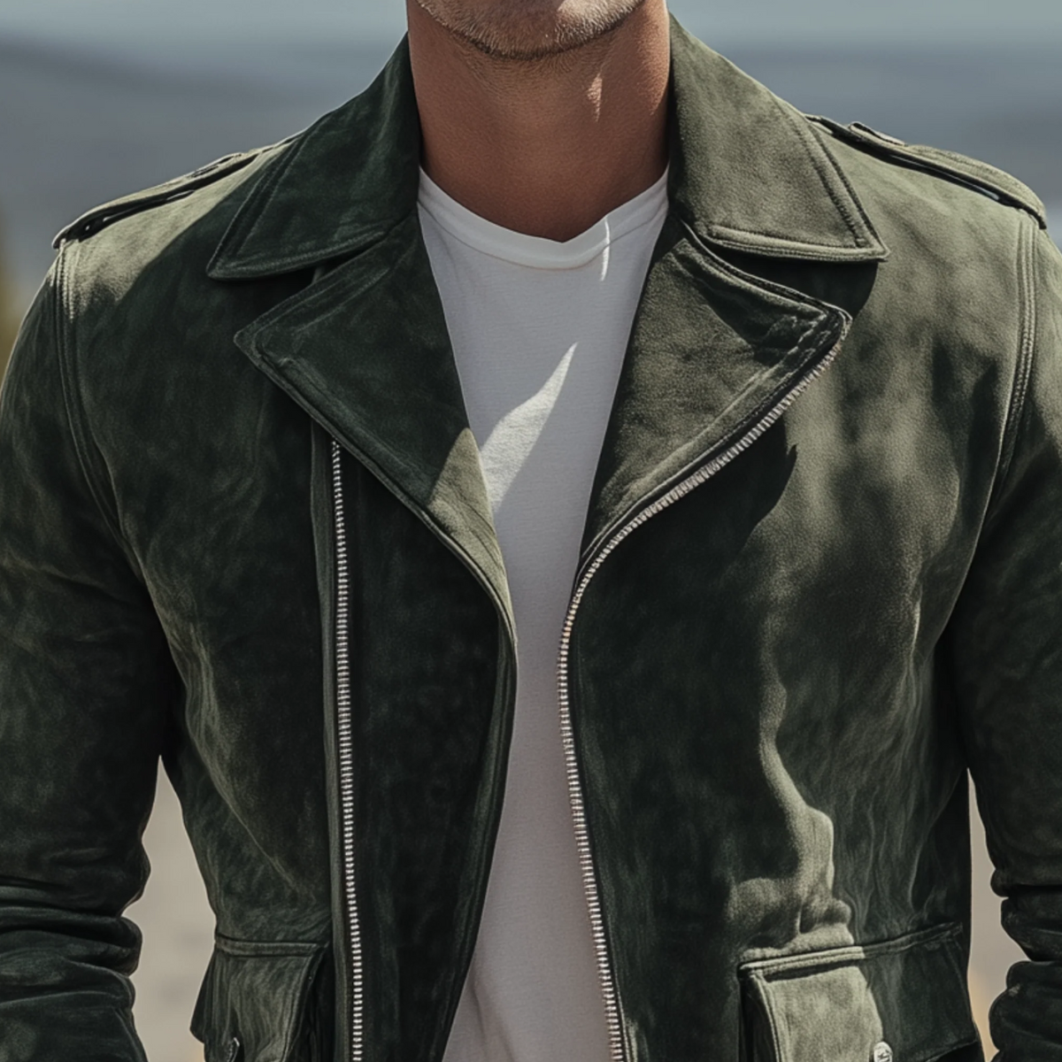 The Regent Veste de motard vintage en daim olive pour homme