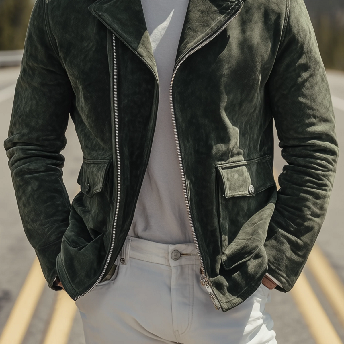 The Regent Veste de motard vintage en daim olive pour homme