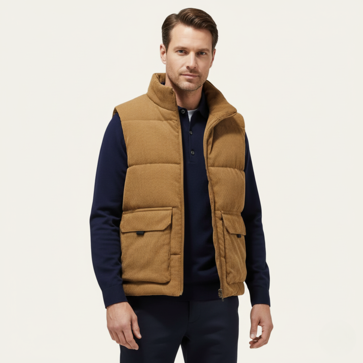 The Penzance – Gilet Doudoune Homme Sans Manches Velours Côtelé Poches Cargo