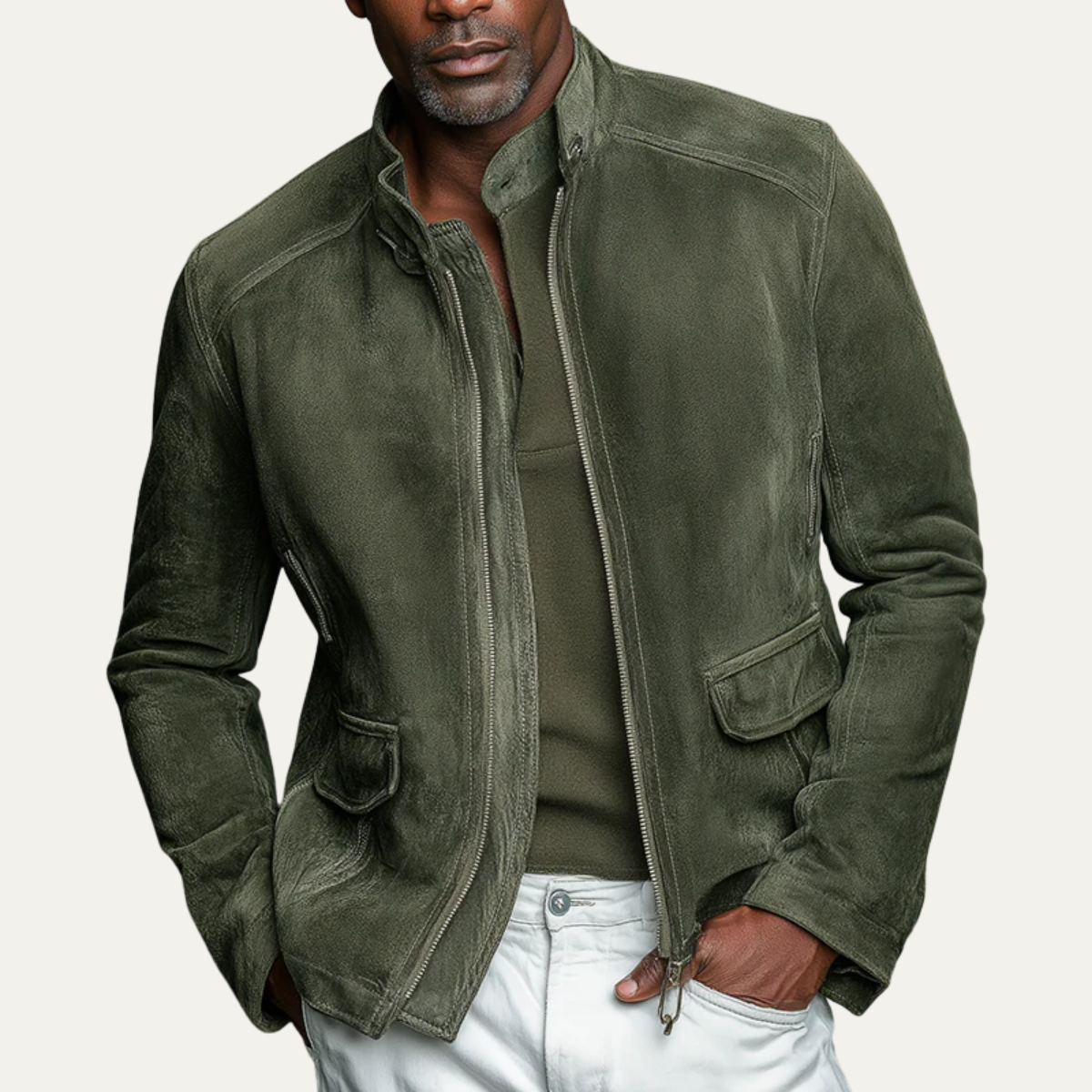 The Kensington Blouson bomber vintage en daim vert pour homme – Col montant
