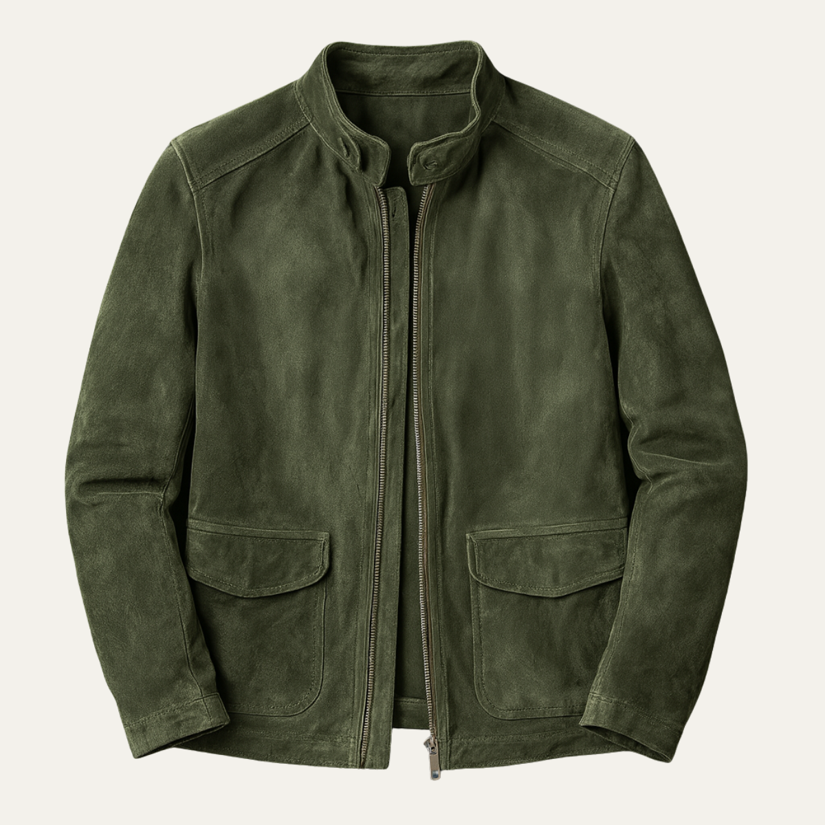The Kensington Blouson bomber vintage en daim vert pour homme – Col montant