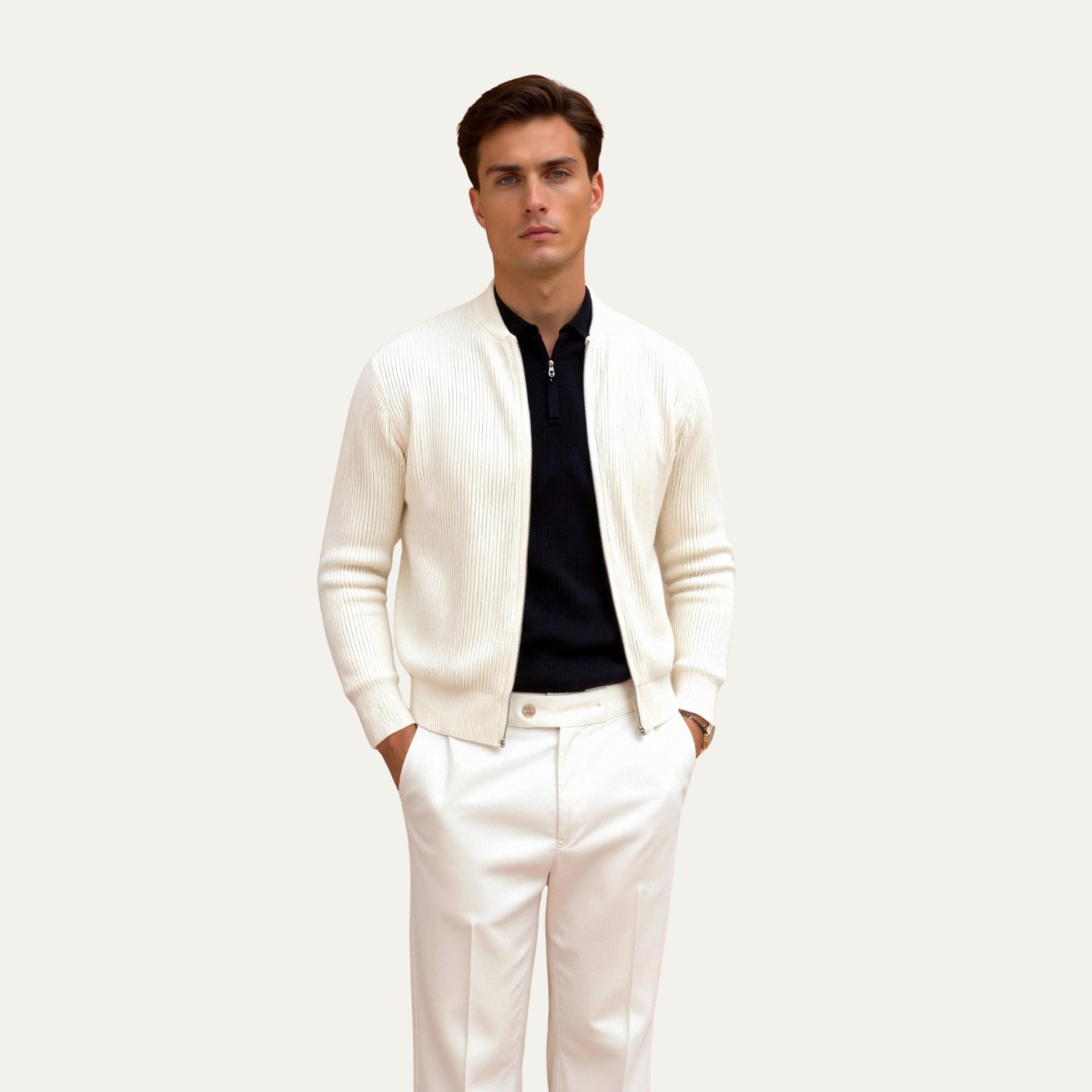 The Maidstone - Cardigan Léger Tricoté Beige à Fermeture Éclair pour Hommes