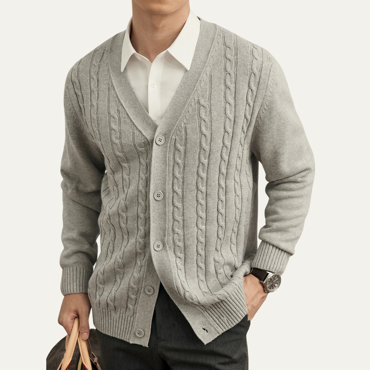 The Rochester - Cardigan Classique à Boutons en Tricot Câble pour Homme