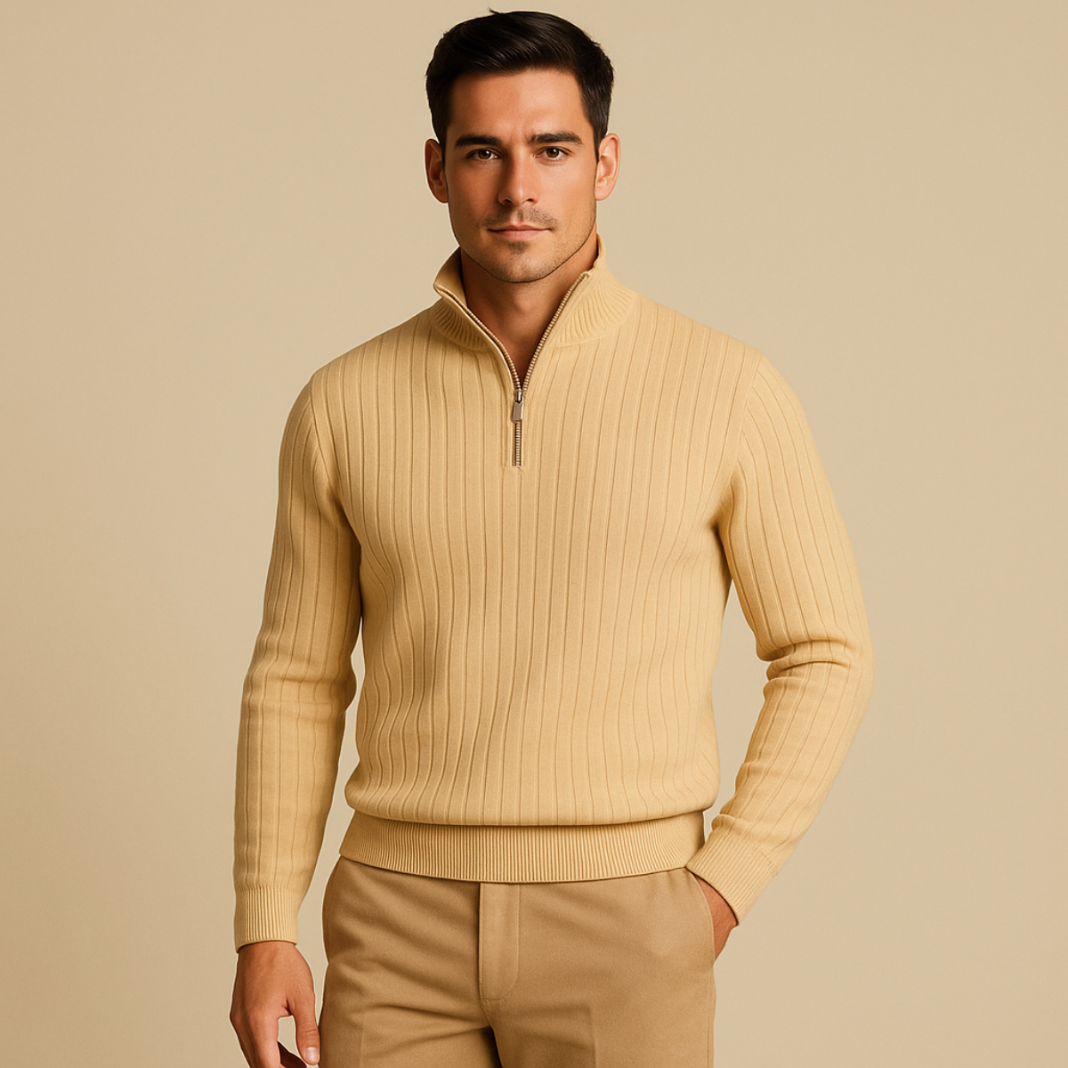 The Ashford – Pull Demi Zip Homme Côtelé Laine Mélangée Confort