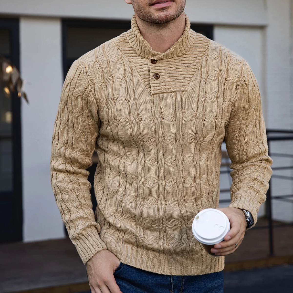 The Bevagna - Pull à Col Châle en Tricot Câble pour Homme