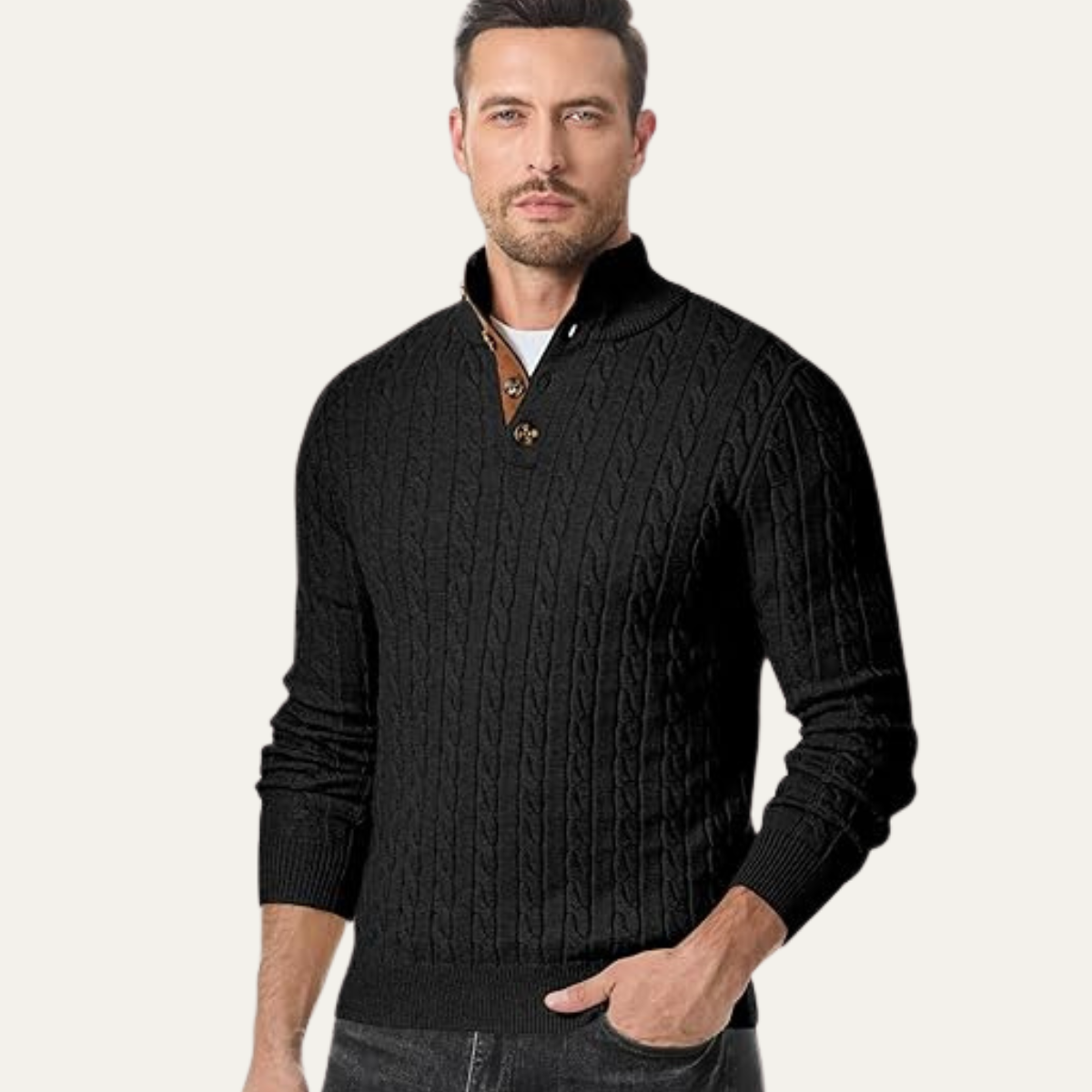 The Stamford – Pull homme col montant en maille torsadée