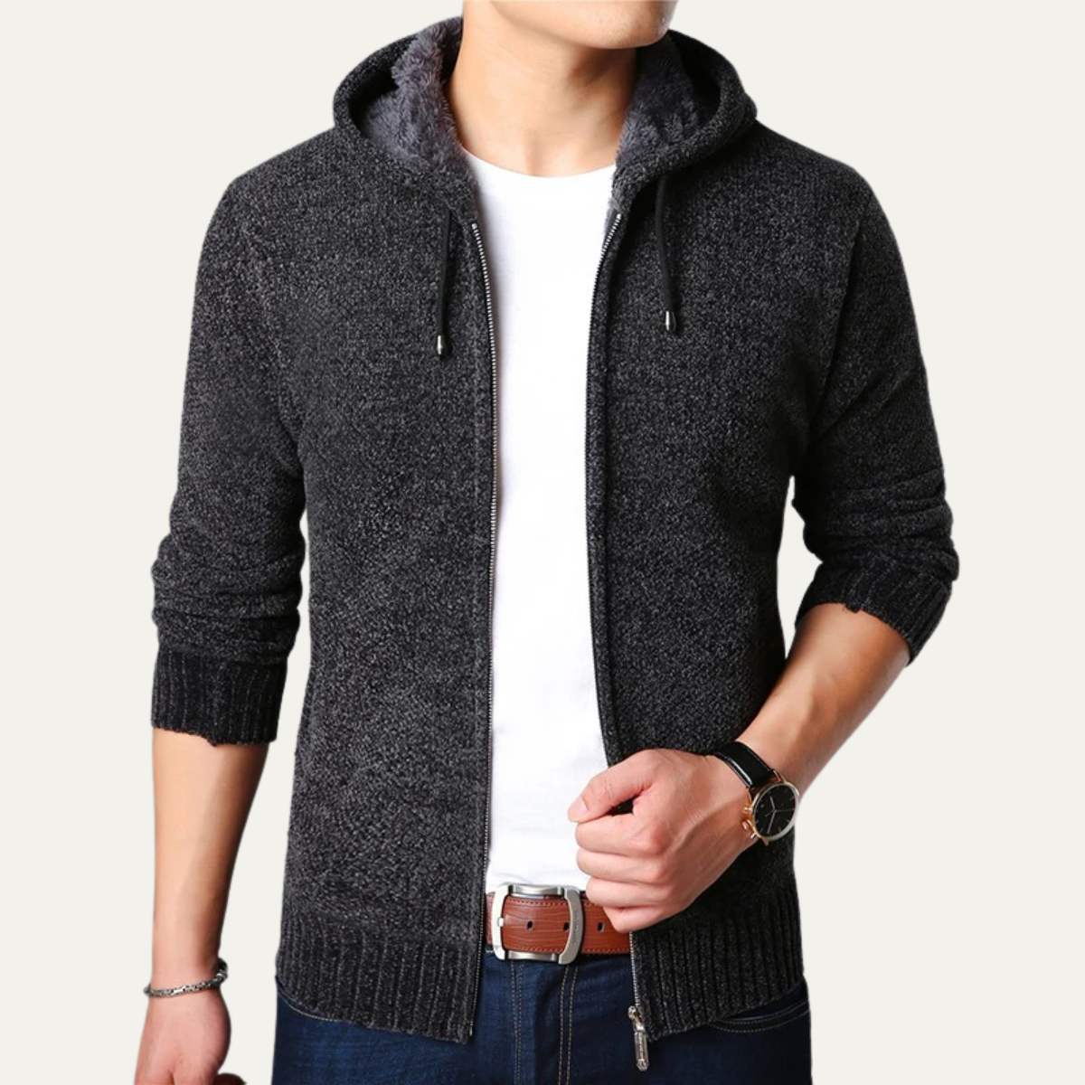 The Sutherland Veste à capuche décontractée zippée en tricot pour homme