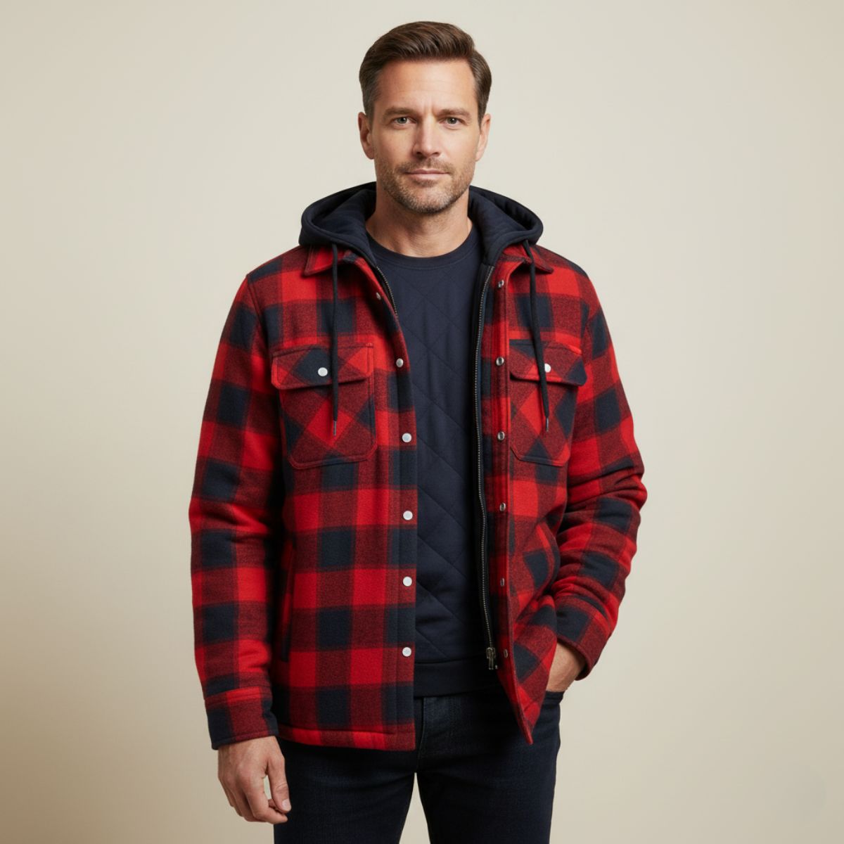 The Cinque Terre Veste d'hiver décontractée à carreaux avec doublure en polaire et capuche pour homme